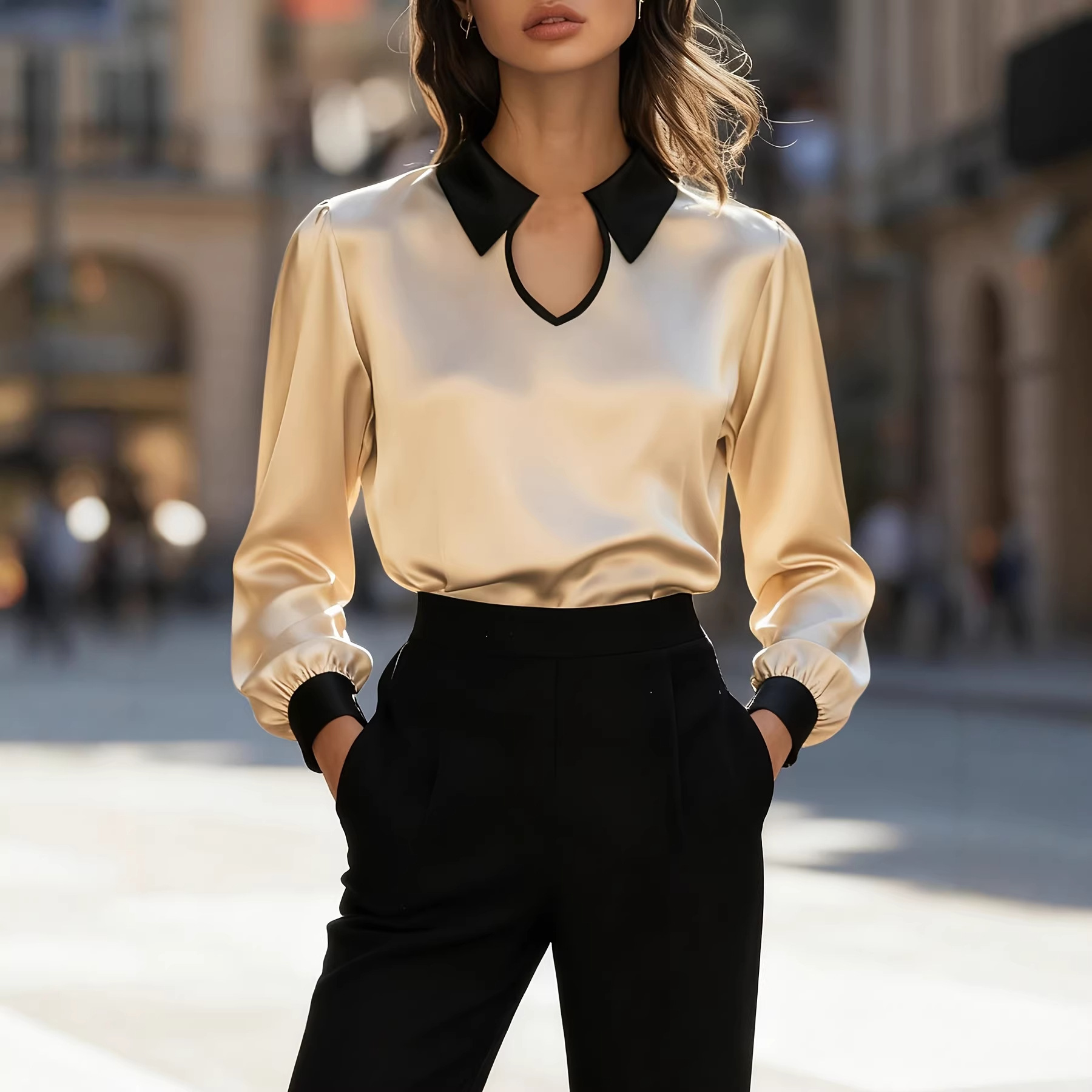 Women's Spring And Autumn Fashion Contrasting Color Collar With Mouth Top Long Sleeve Collar Satin Commuting Shirt Top