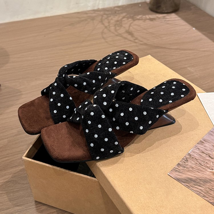 Women's Polka Dot Cross Strap Wedge Sandals, Square Toe Slip-On Mules