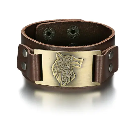 Beowulf Regalia Leather Viking Wolf Head Arm Cuff