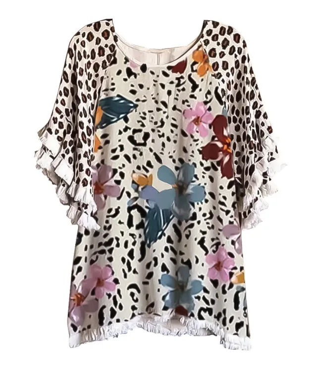 New Lace Ruffle Sleeves Crew Neck Print Colorblock Women's Loose T Shirt Color5 - Shop at LoveMi