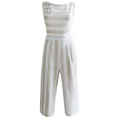 Cotton And Linen Sling Striped Jumpsuit Khaki - Shop at LoveMi