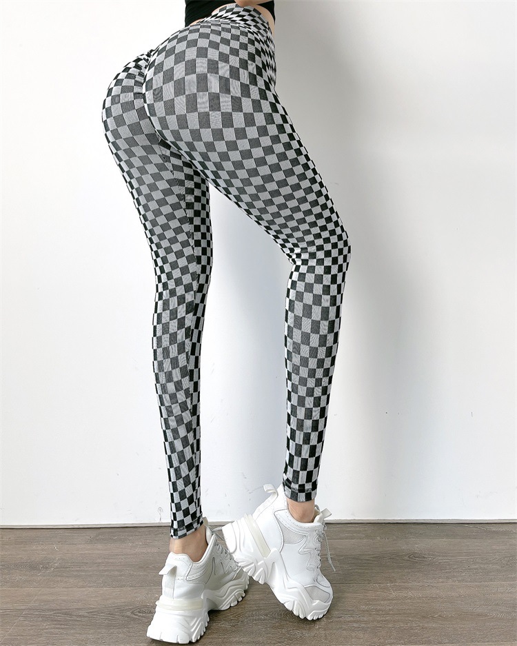 European And American Black And White Plaid Peach Hip Lift Yoga Pants Women Black And White - Shop at LoveMi