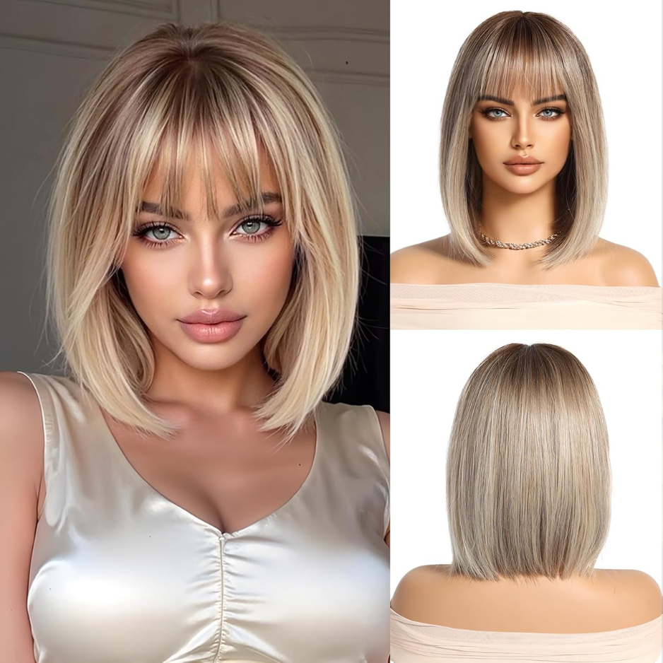 Blonde Wig With Bangs Short Bob Straight Wig For Women Synthetic Hair Wigs For Daily Party Cosplay Wear