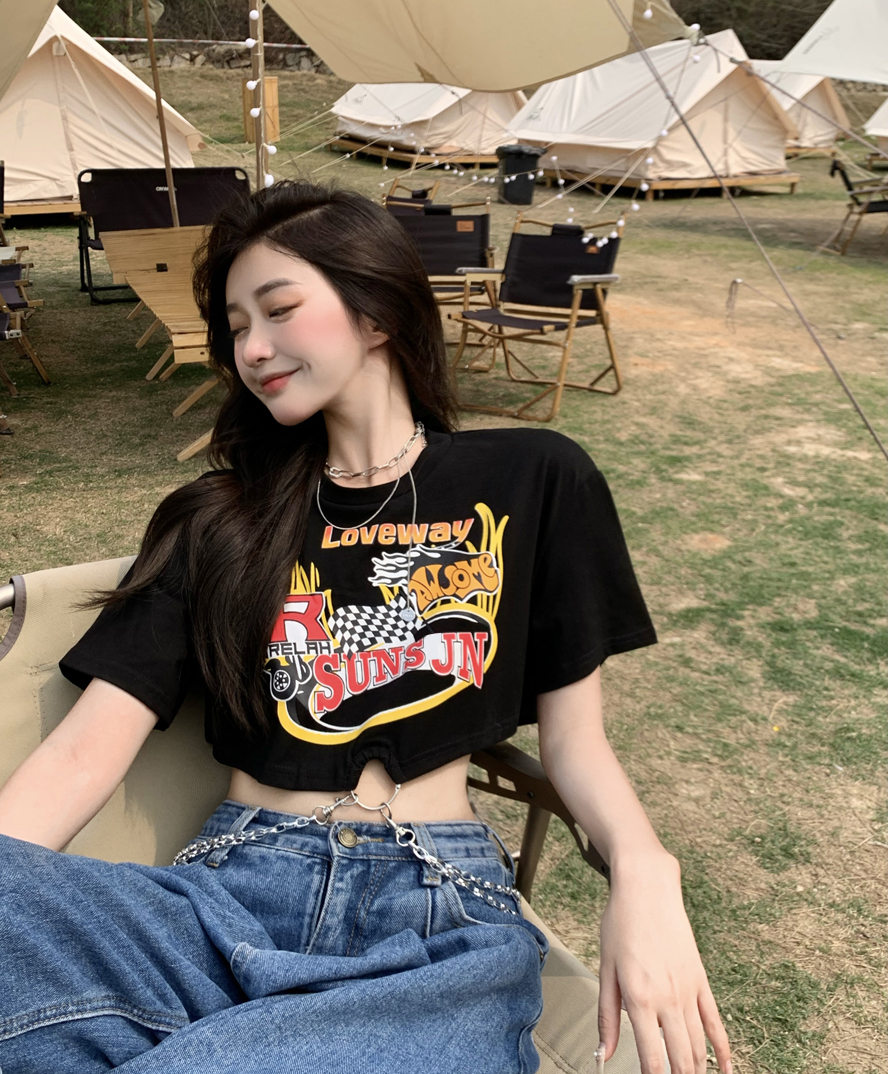 Chain Short Cropped Black Short-sleeved Top