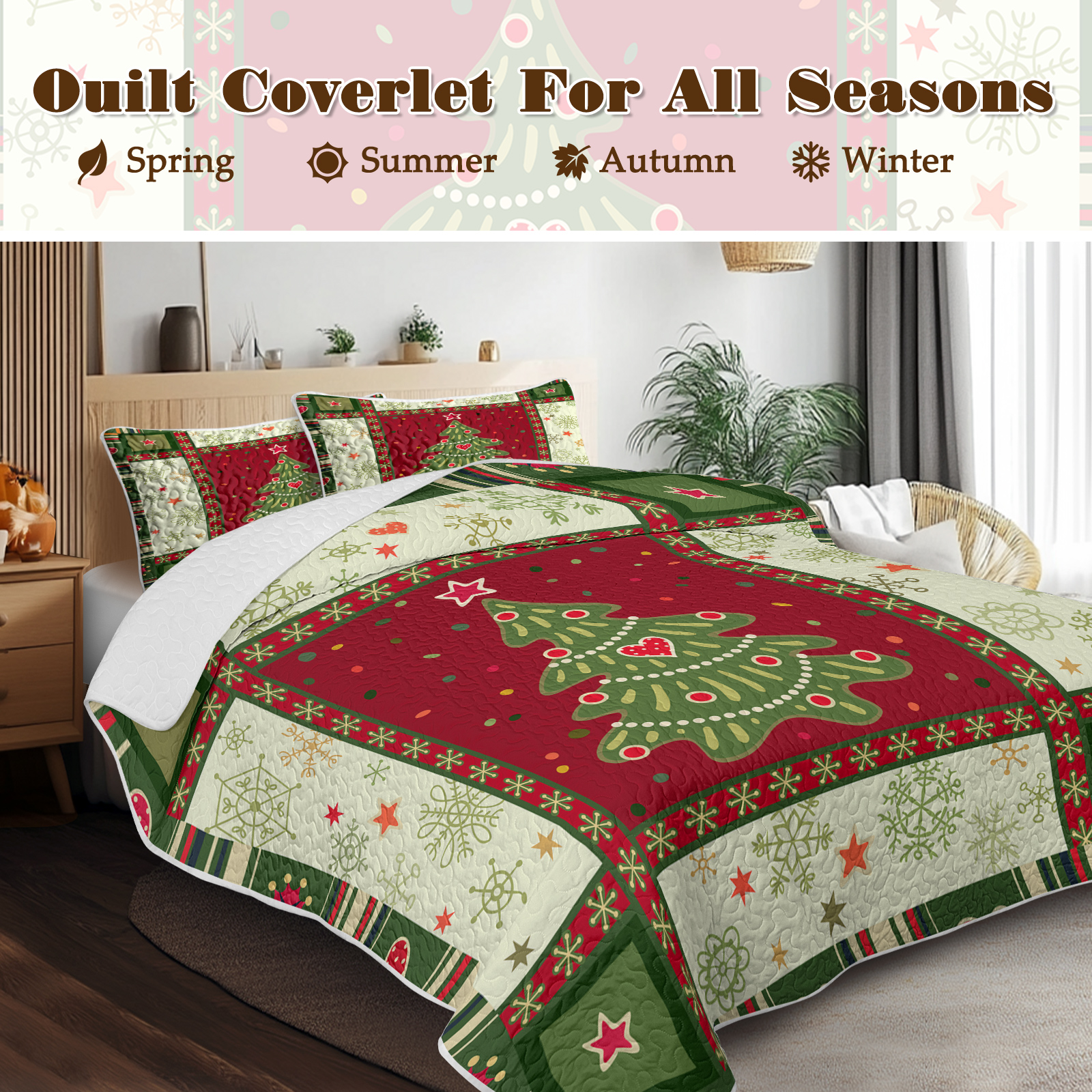 3 Piece Cute Christmas Tree Quilt Set Red Green Snowflakes Pattern Bedspread Lightweight Coverlet Summer Comforter Set Bed Cover,1 Quilt And 2 Shams