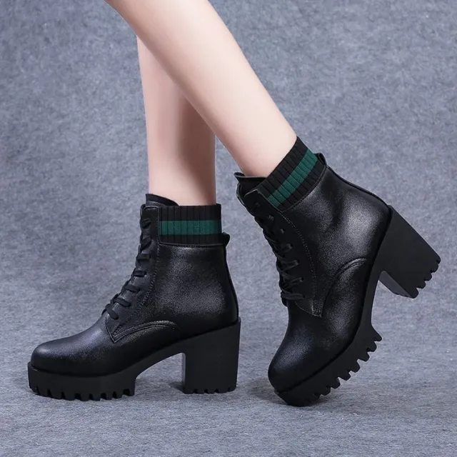 Women's Round Toe Lace Up Chunky High Heel Solid Color All match Ankle Boots Green - Shop at LoveMi