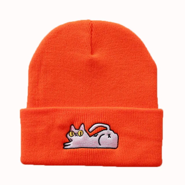 Cute Lazy Cat Embroidered Hip Hop Knitted Beanie Orange - Shop at LoveMi
