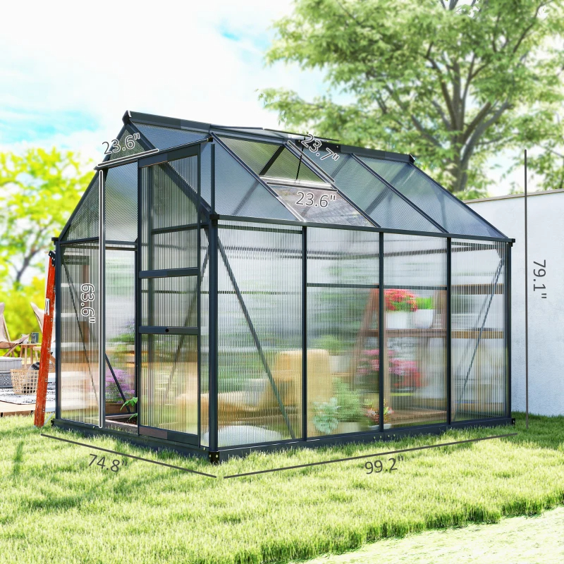 Polycarbonate Greenhouse, Heavy Duty Outdoor Aluminum Walk-in Green House Kit Vent DoorMultiple Packages Shipped. Please Pay Attention To The Dimensions And Weight In The Details.