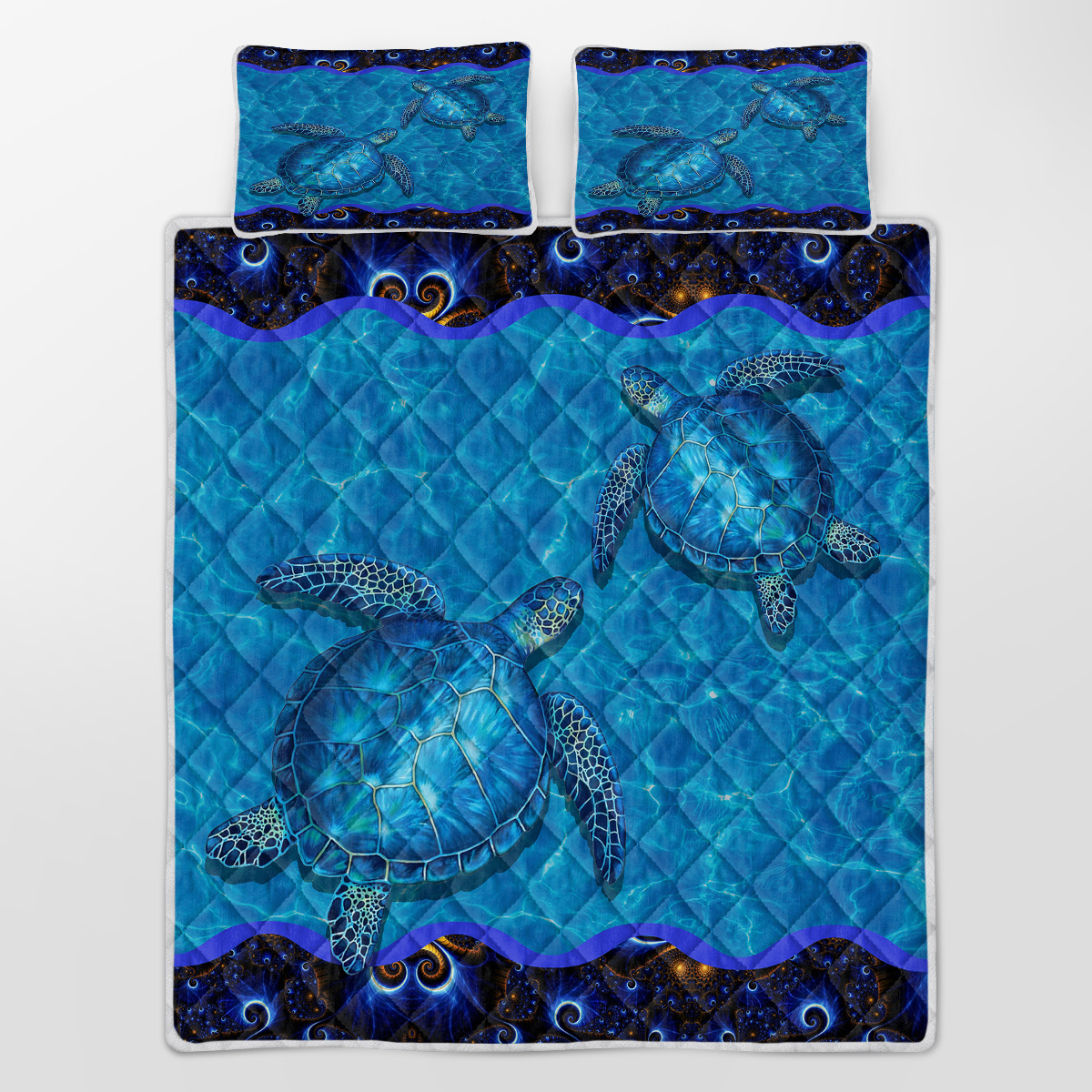 3-Piece Ocean Sea Turtle Printed Quilt Set Soft Microfiber Lightweight Bedspread Coverlet Blue Shell Animal Coverlet With 2 Pillow Shams