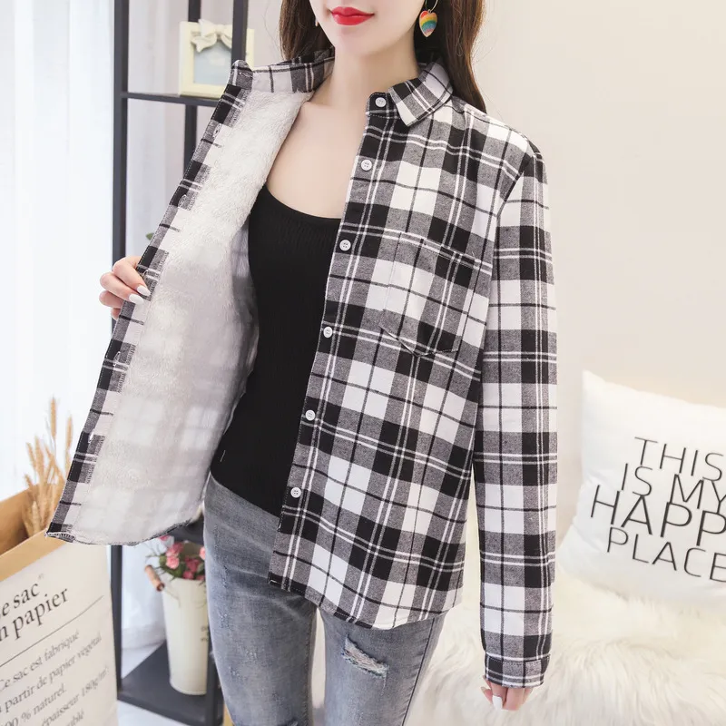 Thicken Plus Velvet Plaid Shirt Women Retro - Black