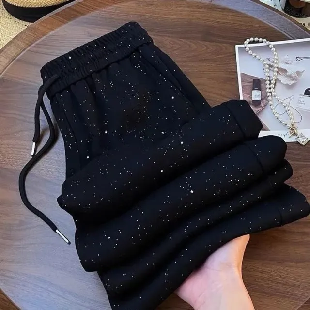 Glittering Starry Sky Ice Silk Wide Leg Pants Women's High Waisted Straight Tube Floor Mopping Casual Sports Long Pants Women Black - Shop at LoveMi