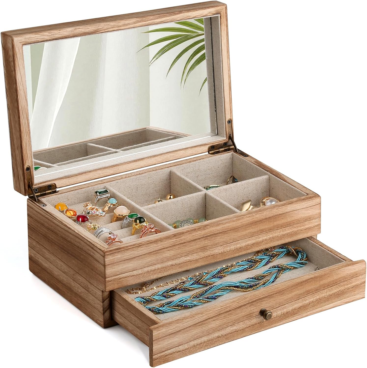 2 Layer Wooden Jewelry Box With Mirror And Ring Tray, Large Rustic Jewelry Organizer For Necklaces, Earrings, Bracelets And Rings