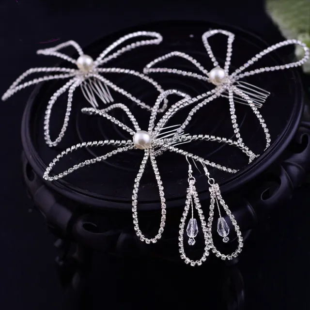 Bridal Rhinestone Tiara Elegant Lady Hair Comb Accessory Set 3Hairbrush 1Pair Earring - Shop at LoveMi