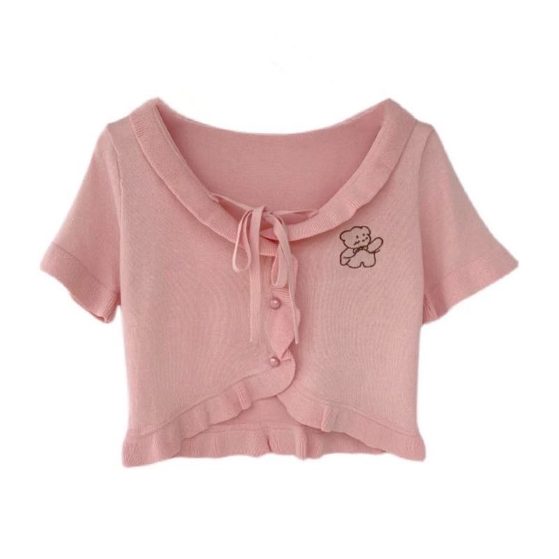 Title 4, Cute Bear Embroidered Ruffled Soft Knitted Shor...