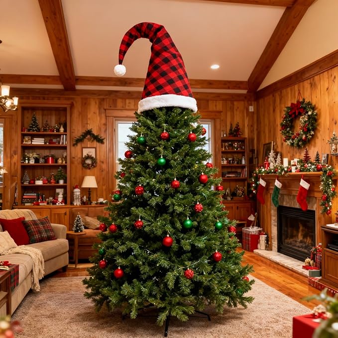 Giant Buffalo Plaid Christmas Tree Topper Hat, Festive Holiday Decor