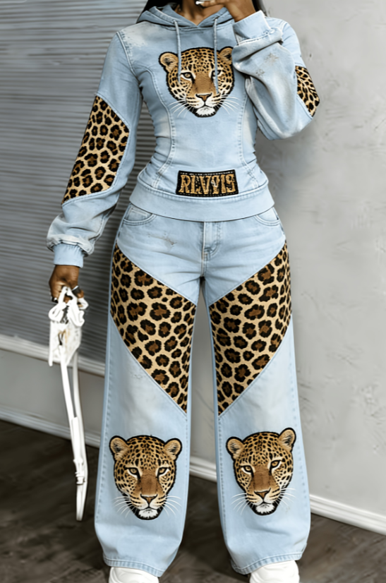 Trendy Cool Distressed Denim Hoodie And Wide-Leg Pants Two-Piece Set