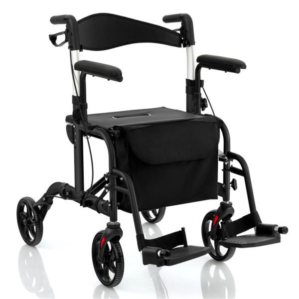 2-in-1 Rollator Walker & Wheelchair 300lbs 6-Level Adjustable Handles, 1-Hand Folding, Storage Bag Cane Holder For Elderly-Black