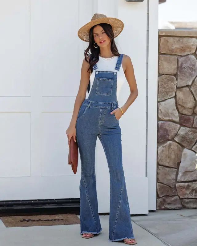 New Loose leg Bell bottom Pants Slim Fit Slimming Women Denim Suspender Pants Blue - Shop at LoveMi