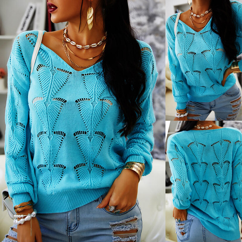 Title 5, Pure Color Hollow Loose V-neck Casual Sweater