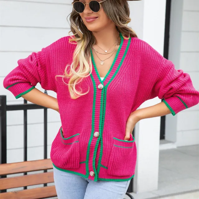 Women's Fashionable Simple Color Matching Pocket Coat V neck Sweater Red - Shop at LoveMi