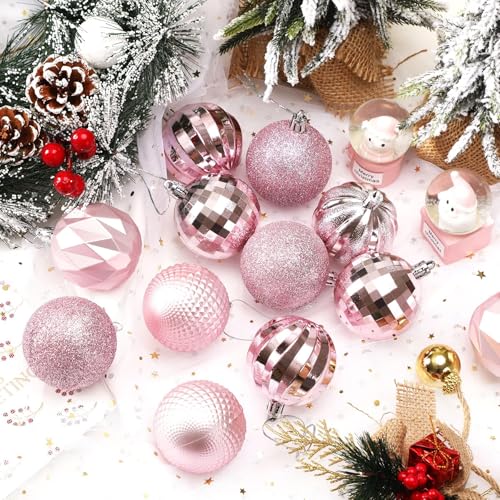 24PCSPink Christmas Ball Ornaments, 60mm Shatterproof Tree DecorPlastic, Xmas Tree Decorations, Wedding, Mothers Day Party, Assorted Style Decor, Large 2.4 In 6
