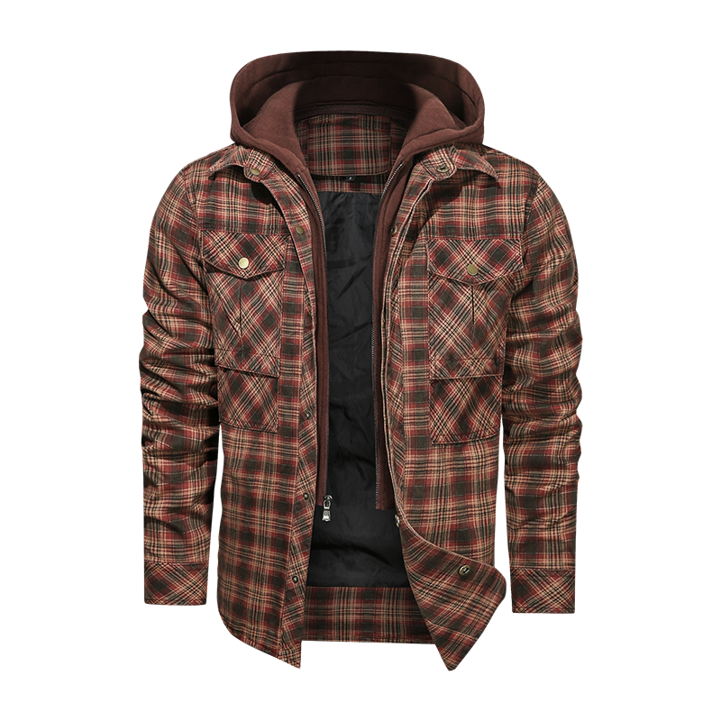 Men long-sleeved plaid jacket regular fit with fleece and detachable hoodies.