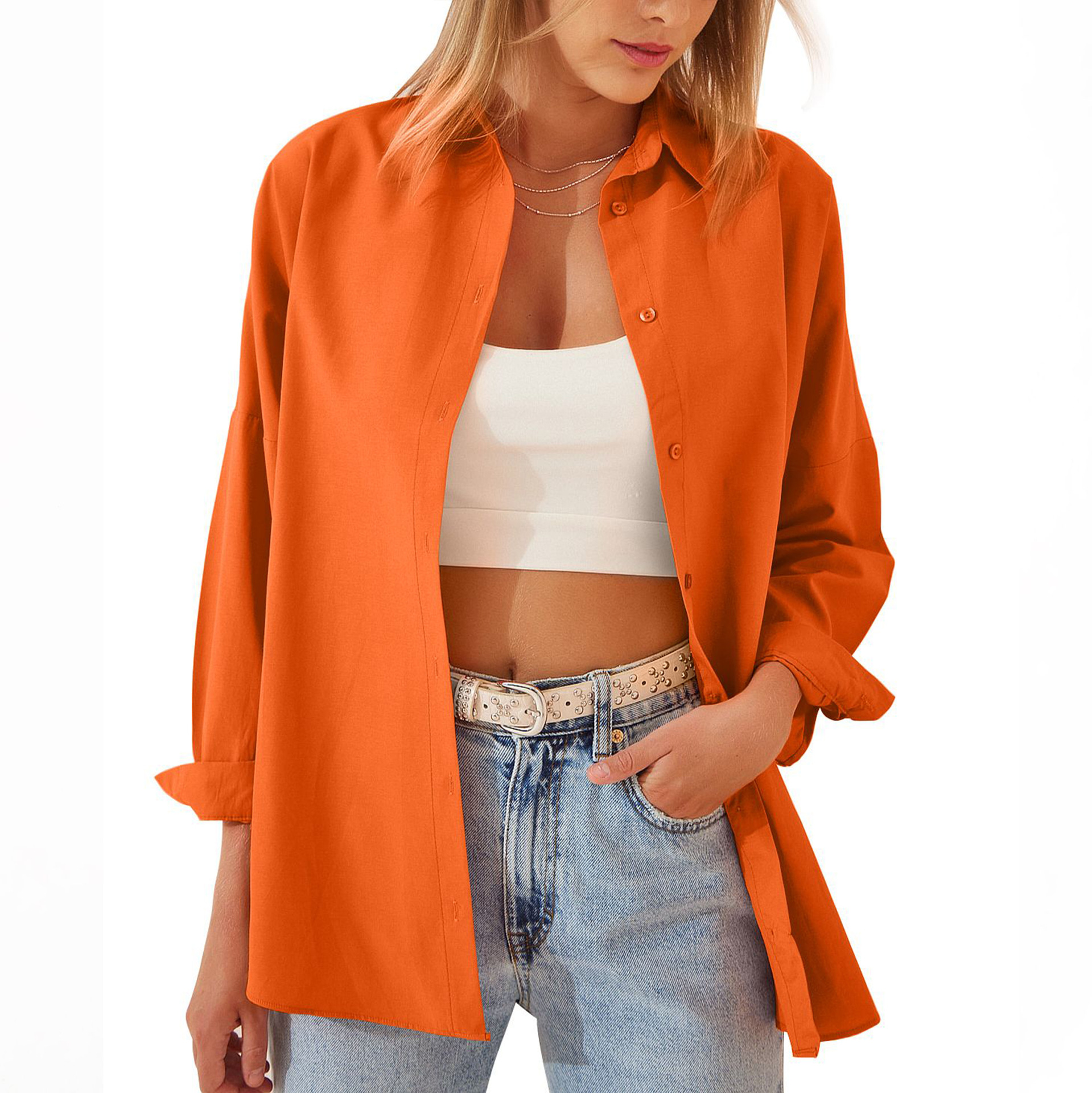 Women's Shirt Jacket Long Sleeve Blouse Button Down Tops Candy Color Shirt Orange - Shop at LoveMi