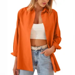 Women's Shirt Jacket Long Sleeve Blouse Button Down Tops Candy Color Shirt - Orange - View 1