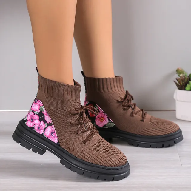 Flowers Print Sock Boots Knitted Mesh Shoes Breathable High top Elastic Slip on Shoes For Women Autumn Winter Ankle Boots Khaki - Shop at LoveMi