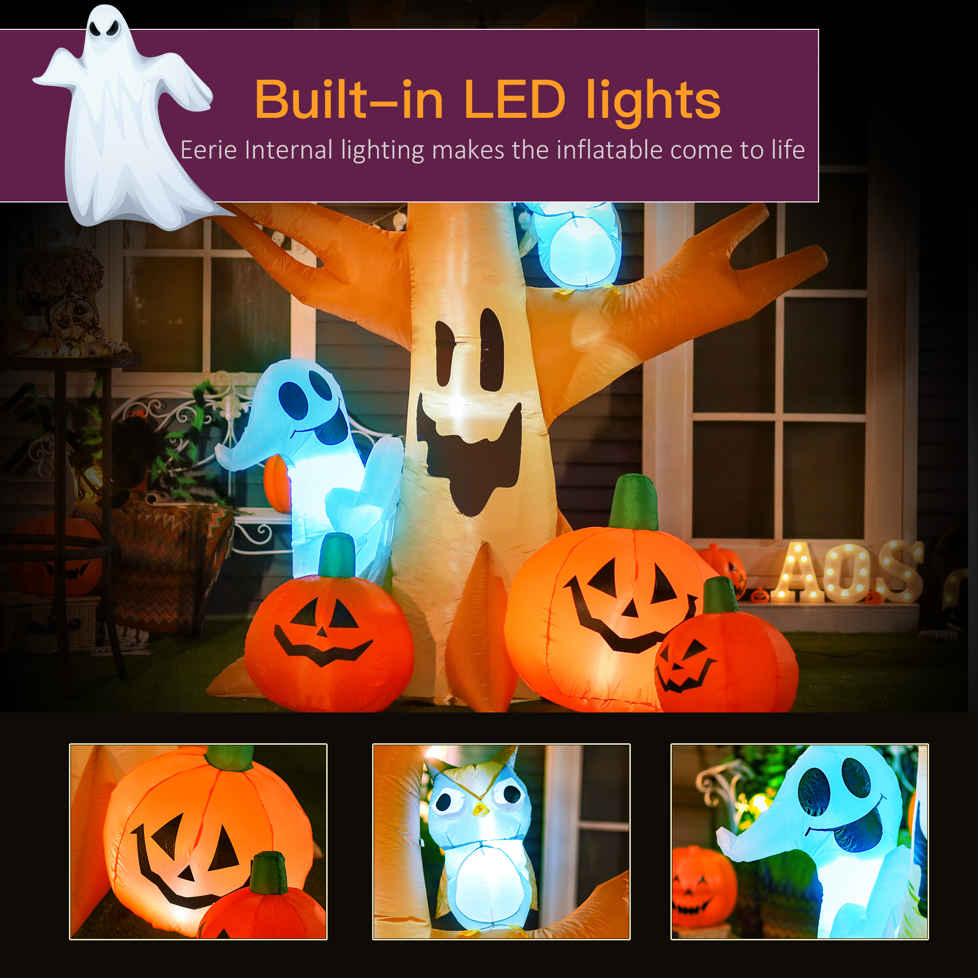 240cm Large Halloween Scary Lighting Inflatable Tree Ghost 3 Pumpkins Owl 4 LED — image 10