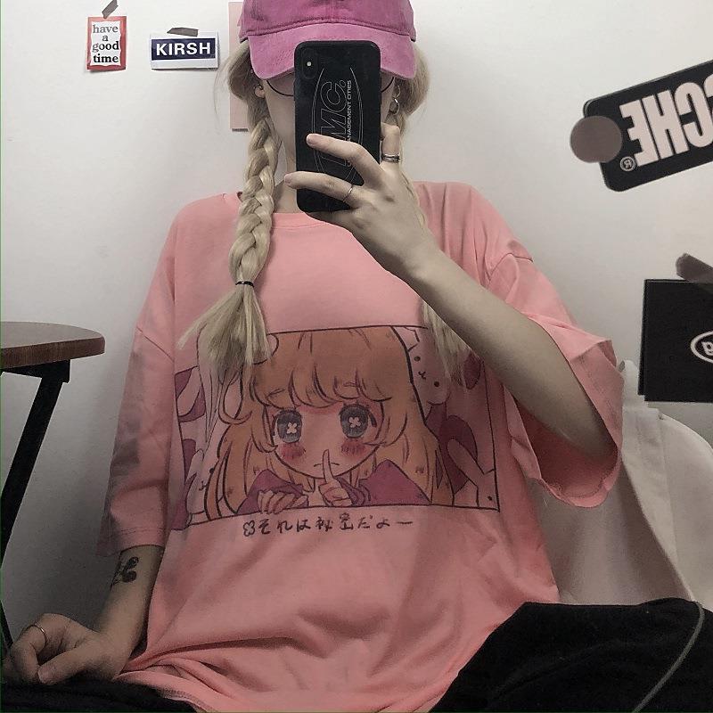 Korean Version Ins Retro Childlike Cartoon Printed Loose T-shirt White Top Half Sleeve