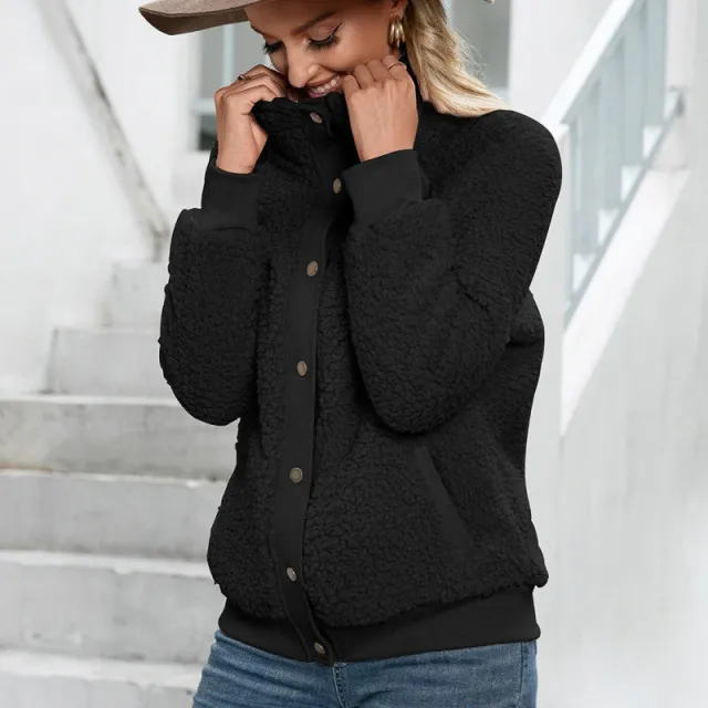 Lamb Plush Cardigan Jacket Double sided Plush Jacket Coat Top Black - Shop at LoveMi