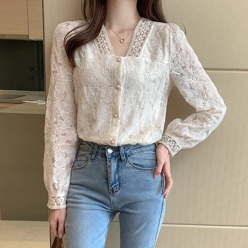 V-Neck Balloon Sleeve Long Sleeve Shirt Women's Top - Apricot