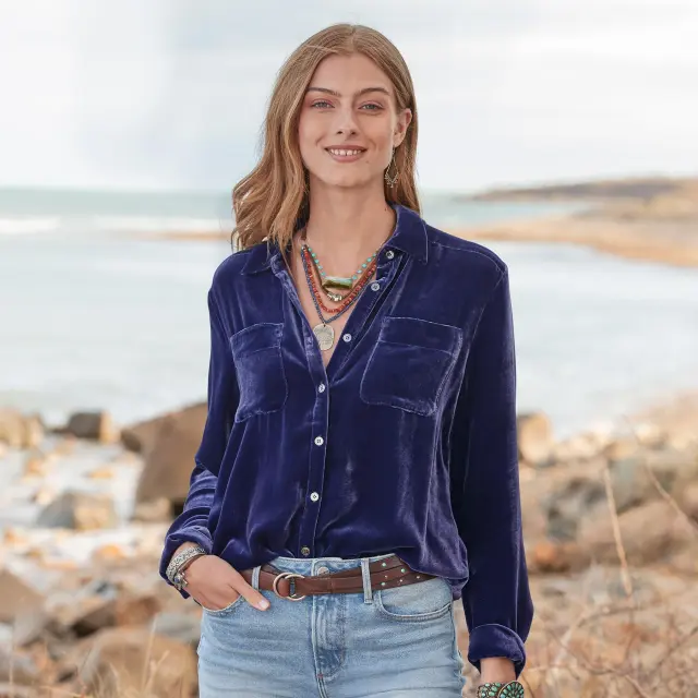 Women's Golden Velvet Shirt Long Sleeve All Match Top Blue - Shop at LoveMi