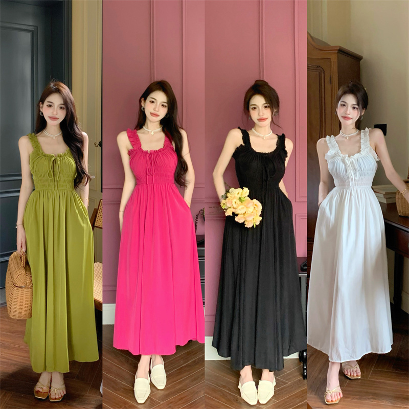 Rose Red Suspender Dress Women's Collar Waist Folds