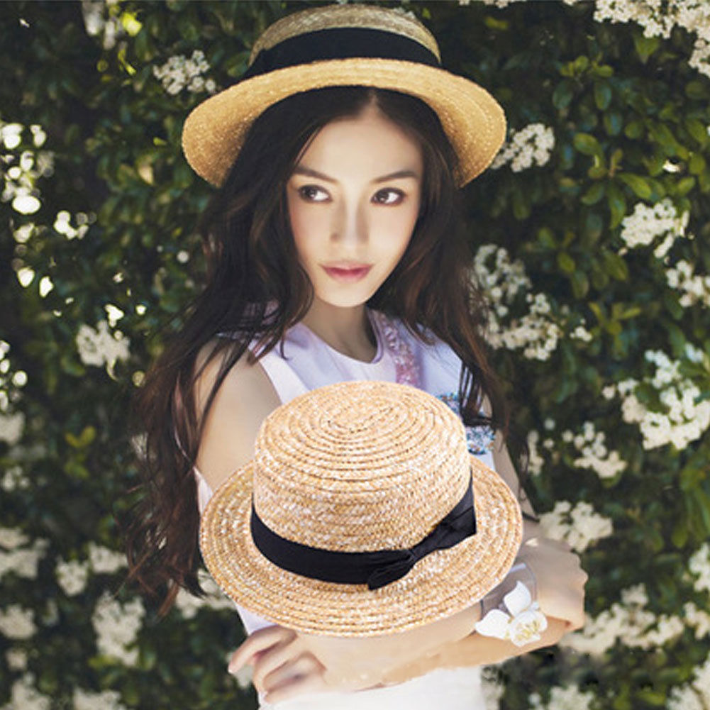 Fashion Simple Flat Top Straw Bow Hat