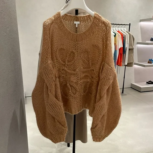 Korean Version Fried Dough Twist Round Neck Hollow Wide Sleeve Sweater Women Brown - Shop at LoveMi