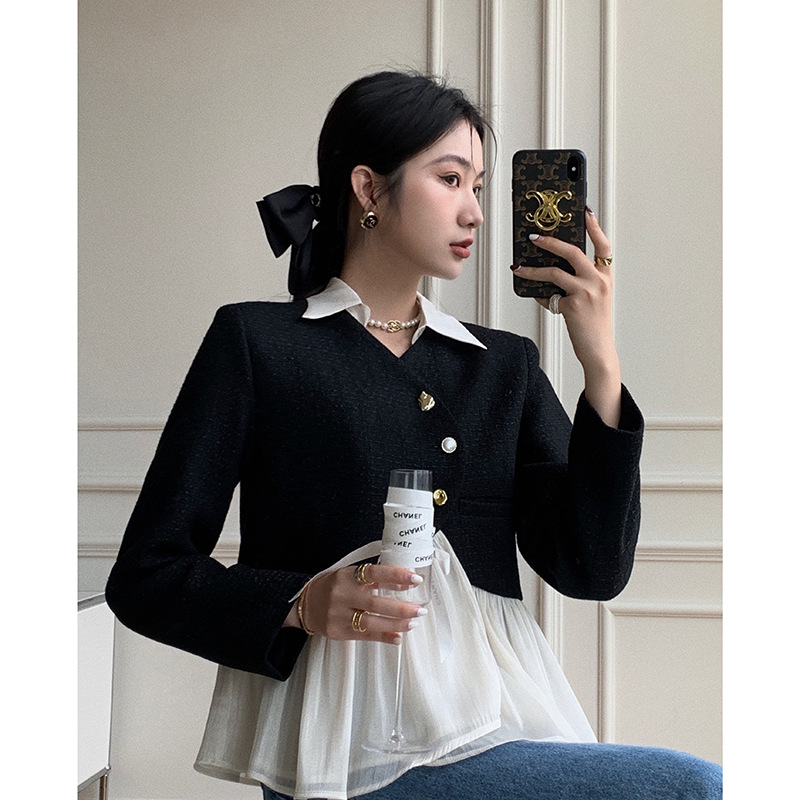 Xiaoxiang Style Hepburn Style Shirt Collar Tweed Jacket Women