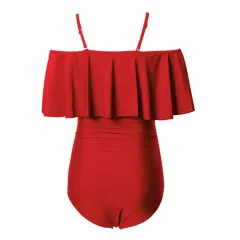 Swimsuit Belly Big Ruffle Oneshoulder Onepiece Swimsuit Bikini - Red - View 1