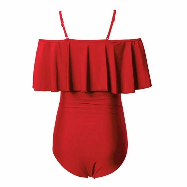 Swimsuit Belly Big Ruffle Oneshoulder Onepiece Swimsuit Bikini - Red