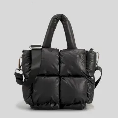 Small Down Cotton Shoulder Bag Simple Design Soft - Black - View 1