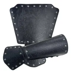 Nordic Viking Style Embossed Wolf Head Design Wrist Guard Arm - Black2 - View 1