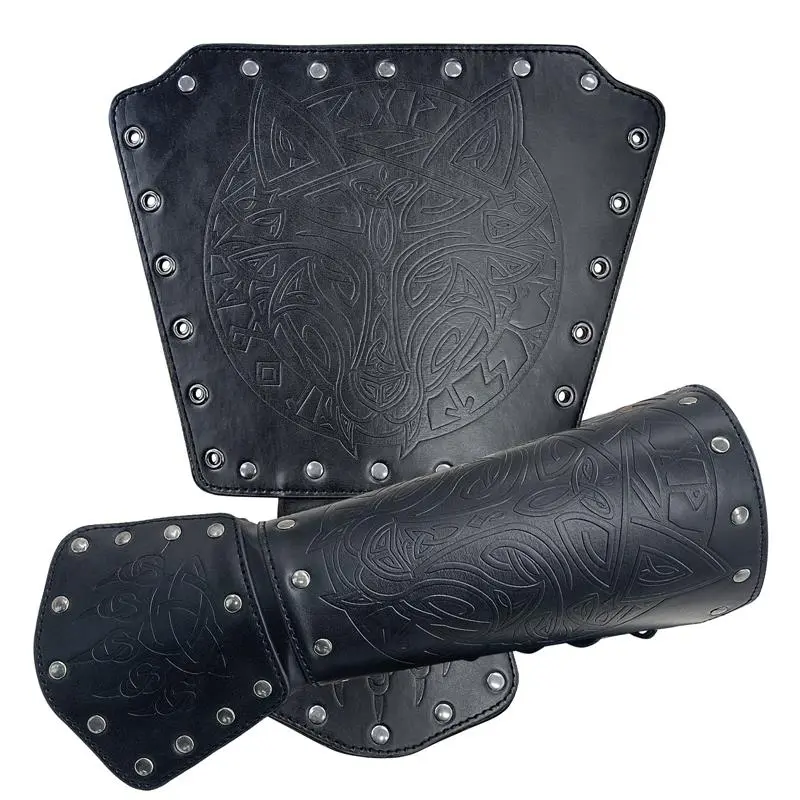 Nordic Viking Style Embossed Wolf Head Design Wrist Guard Arm - Black2