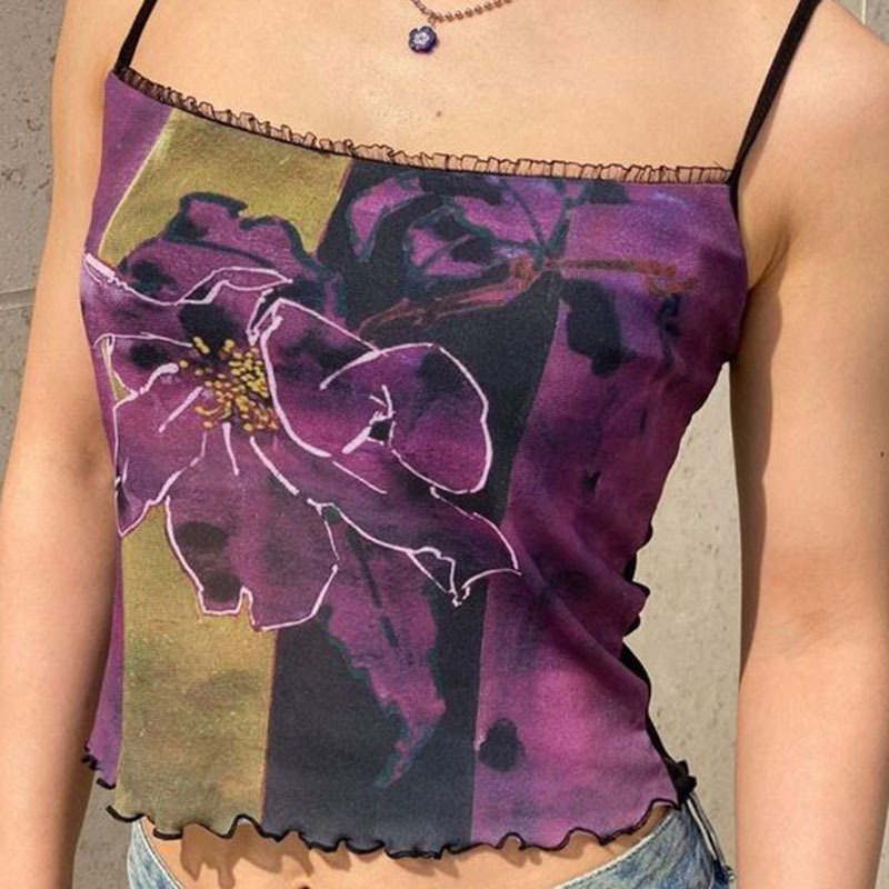 Vintage Printed Suspender With Lace Underneath Tank Top