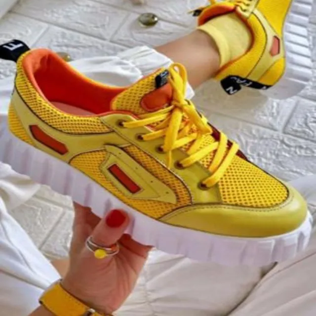 Large Size Lace up Flat bottom Breathable Single Shoes Casual Sports Shoes Women Yellow - Shop at LoveMi