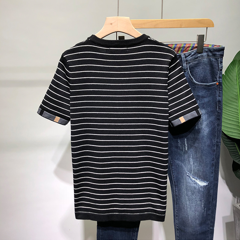 Half Sleeve Knitted Bottoming Shirt Striped Slim Fit Sweater Trend