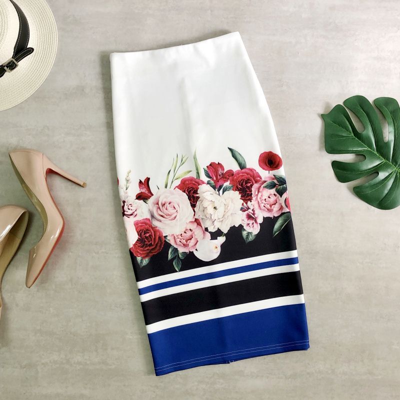 Women's Flower Print Half High Waist Back Slit Over Knee Pencil Skirt