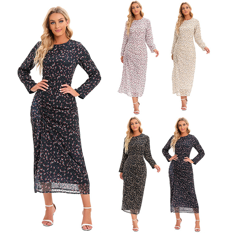 New European And American Waist Drawstring Elegant Printed Dress Long Sleeve Small Flower Dress 21416