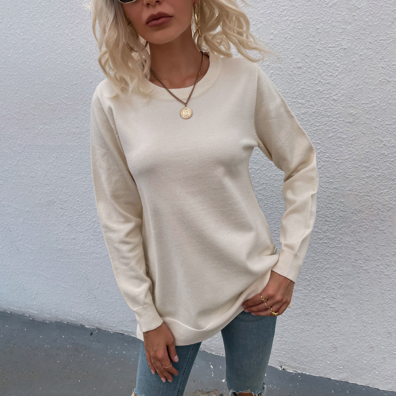Women Sweater Round Neck Button Solid Color Split
