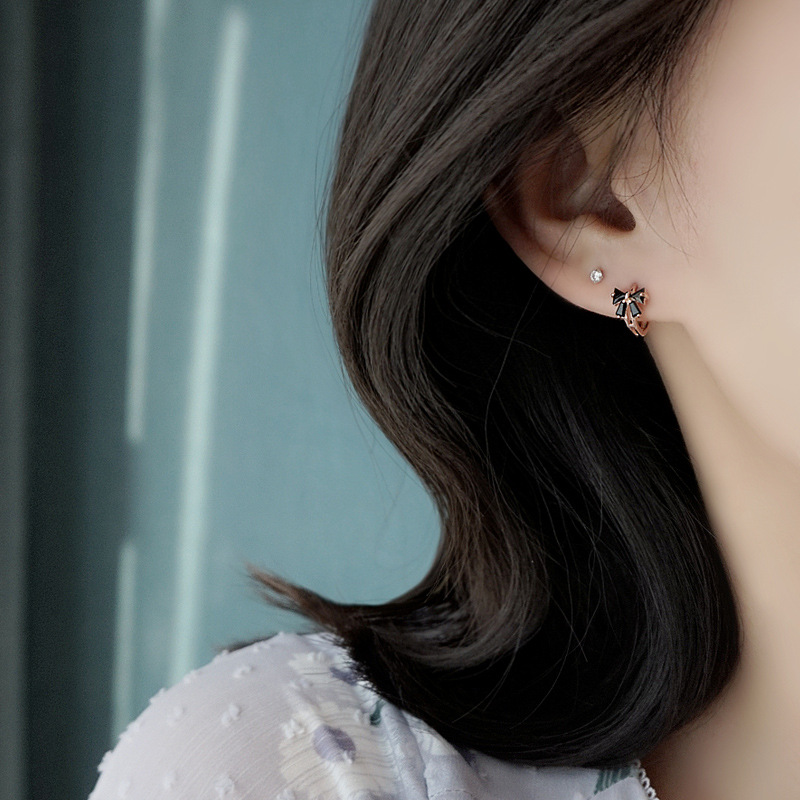 Black Bow Ear Hoop Earrings Female Retro Sweet Circle Earrings